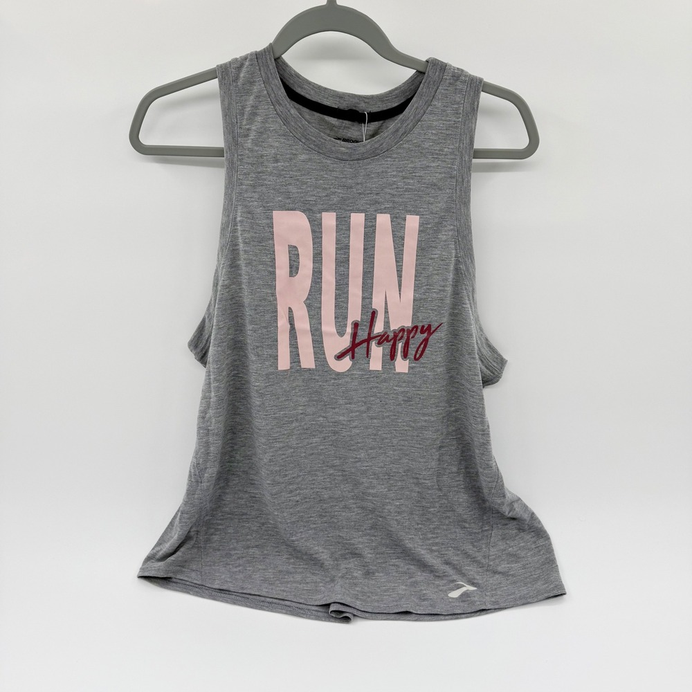 Brooks Distance Graphic Tank Womens XL Heather Ash Run Happy Grey Sleeveless NEW